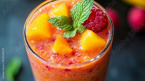 Wallpaper Mural Close-up of a colorful fruit smoothie in a glass with a garnish of fresh mint leaves, showcasing vibrant fruit chunks and a refreshing texture. Torontodigital.ca