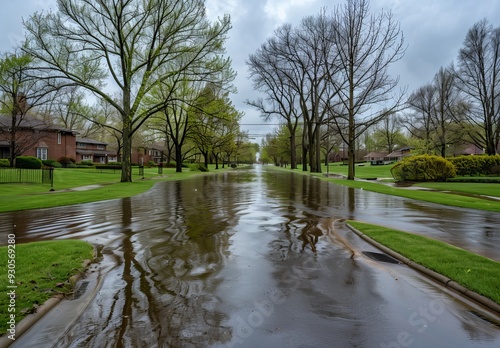 Flooded Suburban Street Surrounded by Trees and Upscale Homes. photo