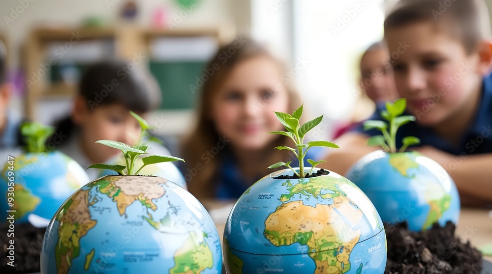 Young Plants Growing in Globes - Earth Day Sustainability Concept in Eco-Friendly Classroom with Students Young Plants Growing in Globes - Earth Day Sustainability Concept in Eco-Friendly Classroom with Students