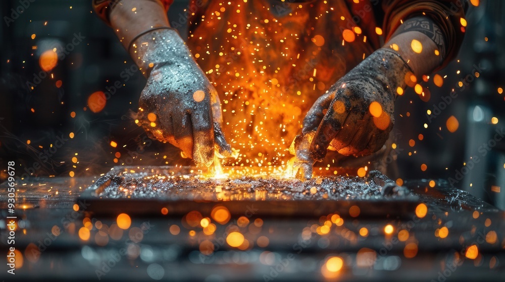 Metalworker preparing molten silver in a foundry, glowing crucible, intense orange light, focus on their precise movements, midlevel angle, industrial background Metalworker preparing molten silver in a foundry, glowing crucible, intense orange light, focus on their precise movements, midlevel angle, industrial background