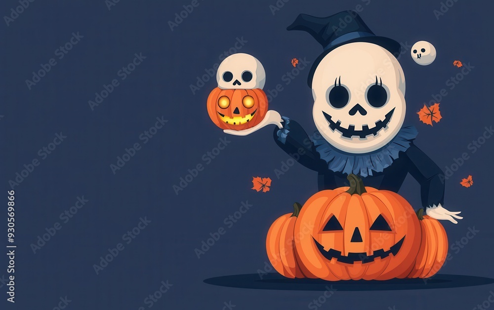 Creepy Halloween circus clown juggling glowing skulls and pumpkins, flat design illustration Creepy Halloween circus clown juggling glowing skulls and pumpkins, flat design illustration