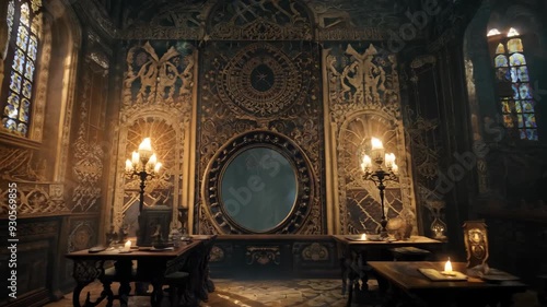 Mysterious medieval hall with eerie lighting and enchanting mirror