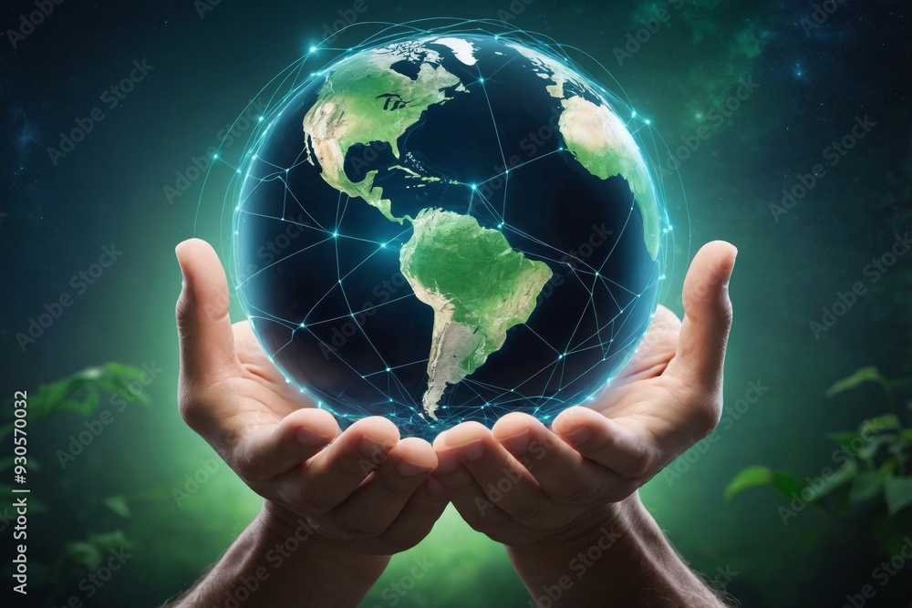 Hands holding 3d globe surrounded by glowing lines on green background Hands holding 3d globe surrounded by glowing lines on green background