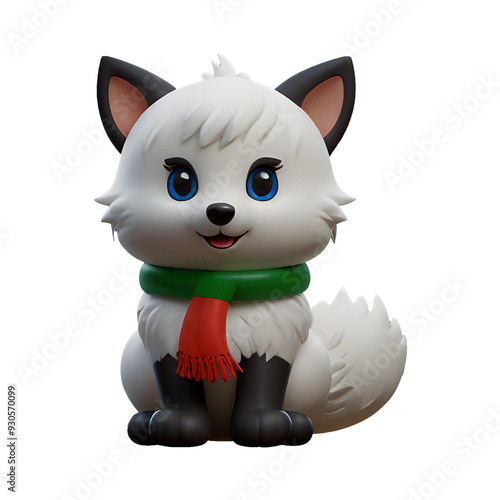 A chibi 3D Snow Fox with a large head, big eyes, and white fur, wearing a Christmas-themed scarf. The background is transparent, making it perfect for Christmas-themed projects.