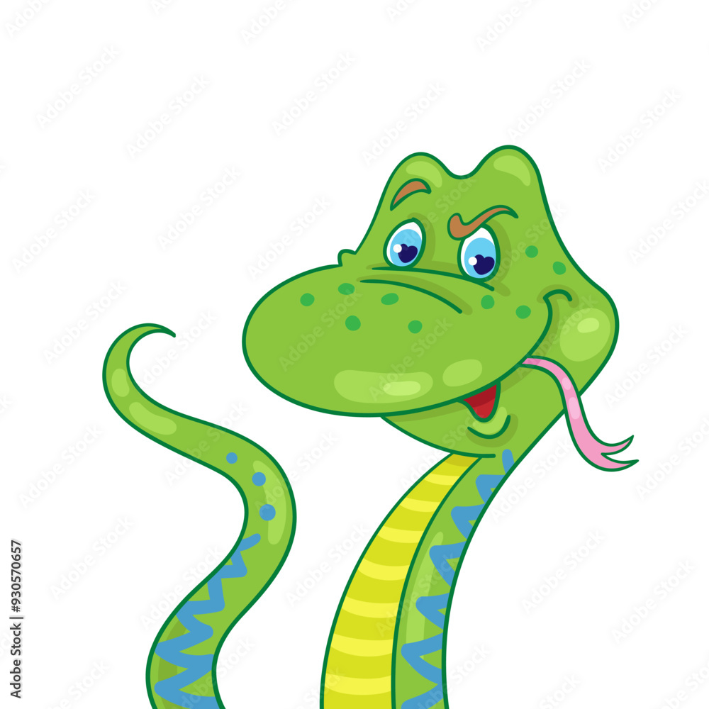 Naklejka premium Portrait of cute green snake - symbol of Chinese New Year 2025. Isolated on white background. Vector flat illustration.