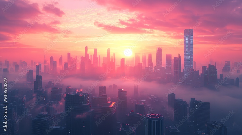 Obraz premium Panoramic View of Futuristic City with High Rise Buildings and Flying Cars at Dawn