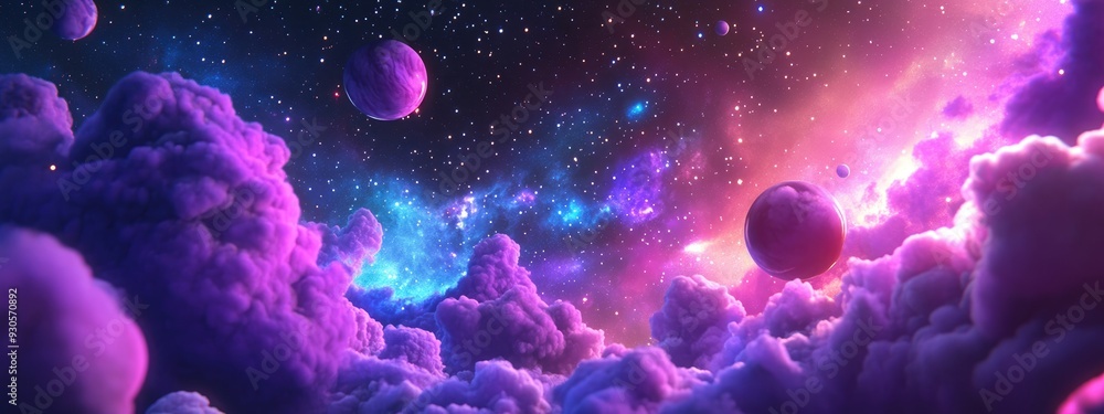 Space scene featuring a 3D cartoon rendering of a galaxy nebula and a panorama of stars in the universe Space scene featuring a 3D cartoon rendering of a galaxy nebula and a panorama of stars in the universe