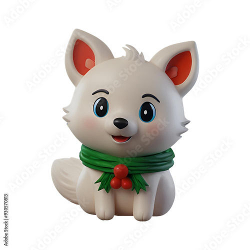 A chibi 3D Snow Fox with a large head, big eyes, and white fur, wearing a Christmas-themed scarf. The background is transparent, making it perfect for Christmas-themed projects.