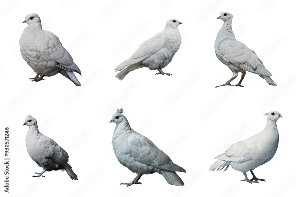 Fototapeta premium Six White Pigeons with Distinctive Head Crests and Colorful Backgrounds
