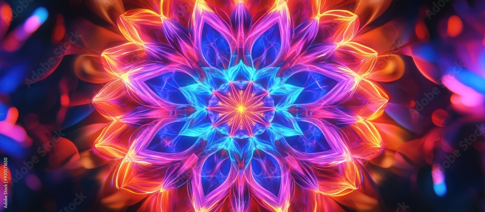 Vibrant 3D rendering of a neon mandala in an abstract background Abstract cover design Vibrant 3D rendering of a neon mandala in an abstract background Abstract cover design