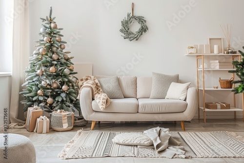 A modern, minimalist living room with a simple, white Christmas tree adorned with monochrome decorations