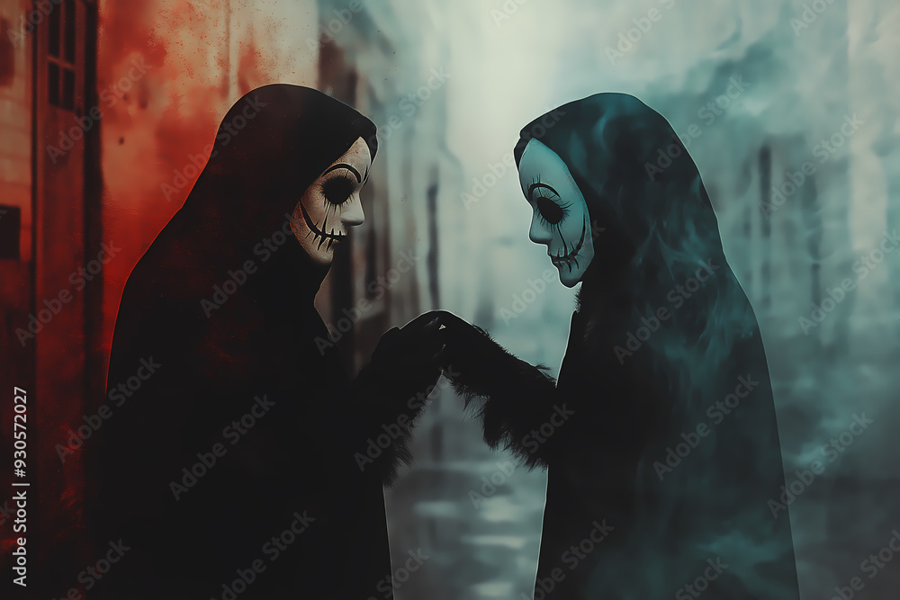 Two hooded figures with eerie skull masks face each other in a foggy, dimly lit alley, creating a hauntingly mysterious scene.
Two hooded figures with eerie skull masks face each other in a foggy, dimly lit alley, creating a hauntingly mysterious scene.