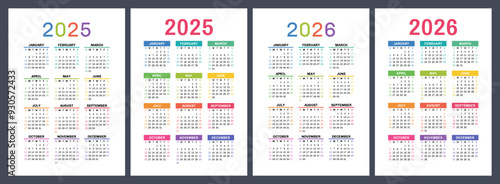 2025 and 2026 calendar set. Vector pocket calender design. Week starts on Sunday. January, February, March, April, May, June, July, August, September, October, November, December