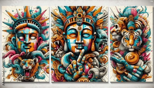 Wallpaper Mural HD triptych art of graffiti from different cultures, simple artistic elements blended with street art, vibrant colors, mixed media, white background Torontodigital.ca