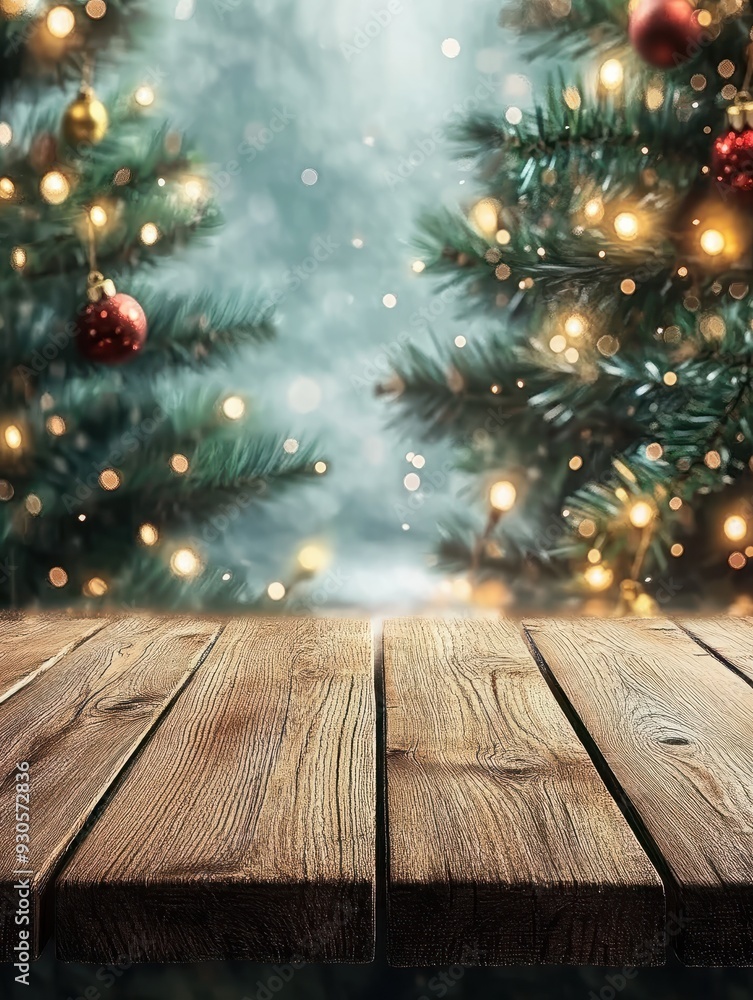 wooden table top for product display mockup with festive christmas tree background. wooden table top for product display mockup with festive christmas tree background.