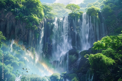 Dramatic Tropical Waterfall with Exotic Birds and Lush Greenery