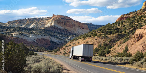 a 16 wheeler truck driving on the right side of the road in Utah with good weather