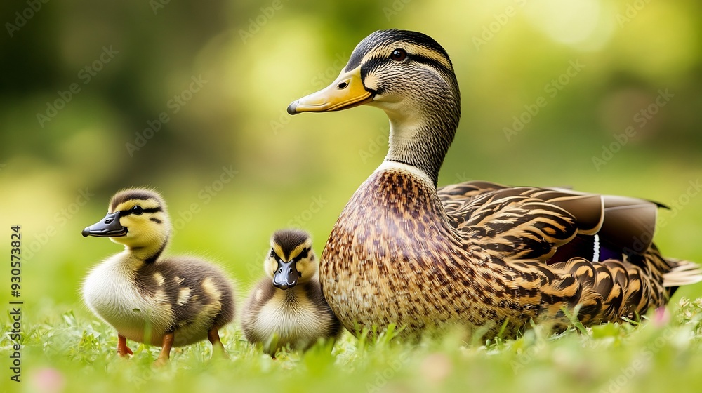 Ducklings with Mother Duck in Grass Ducklings with Mother Duck in Grass