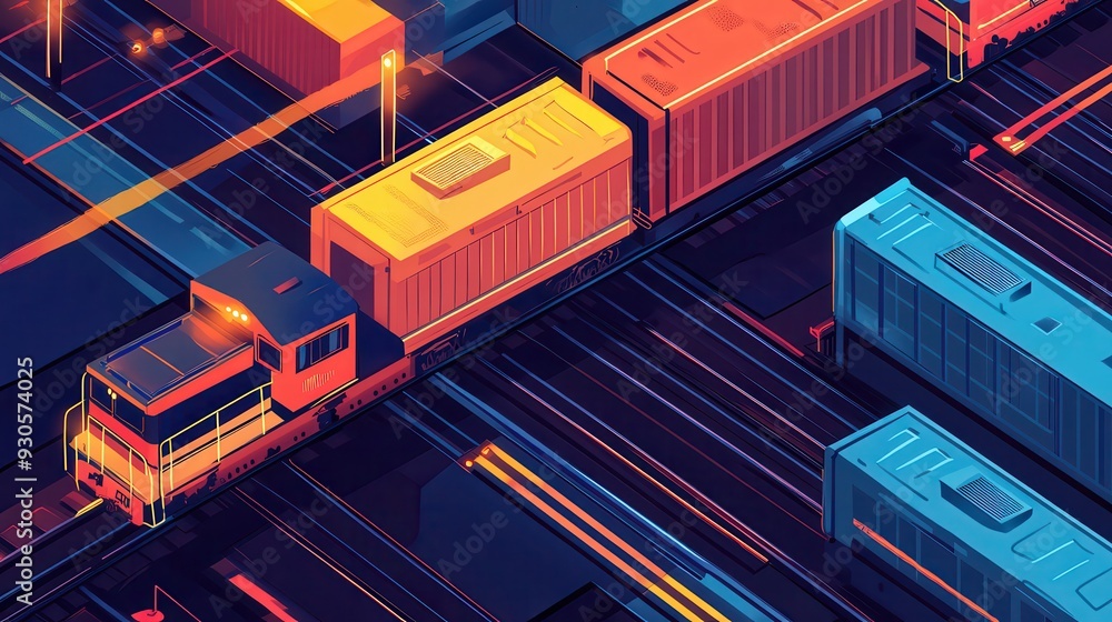 Abstract digital illustration of colorful cargo trains on tracks, showcasing modern transportation logistics. Abstract digital illustration of colorful cargo trains on tracks, showcasing modern transportation logistics.