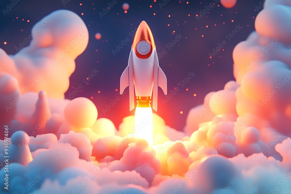 A rocket launching into the night sky, surrounded by clouds and glowing thrust, representing the concept of exploration and innovation. A rocket launching into the night sky, surrounded by clouds and glowing thrust, representing the concept of exploration and innovation.