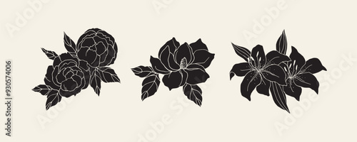 Flat vector lily, peony, camellia flowers
