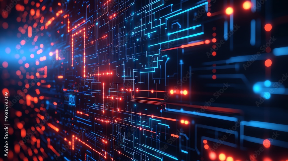 Abstract digital circuit board with futuristic electronic components, glowing red and blue lights, representing technology and data communication.