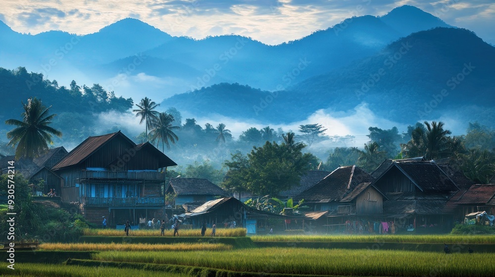 Obraz premium Scenic Mountain Village with Misty Morning
