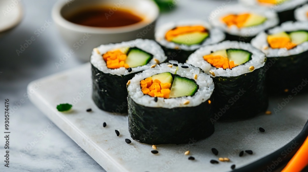 A close up of a raw vegan sushi roll filled with avocado, cucumber, and carrot, with a dipping sauce on the side, set against a minimalist background A close up of a raw vegan sushi roll filled with avocado, cucumber, and carrot, with a dipping sauce on the side, set against a minimalist background