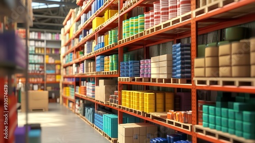 Colorful shelves stocked with various products in a large warehouse. Organized storage space filled with boxed goods.