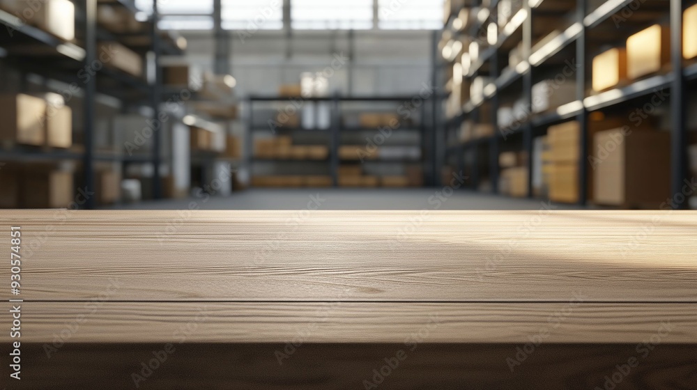 Warehouse shelves filled with boxes, wooden table in foreground. Warehouse shelves filled with boxes, wooden table in foreground.