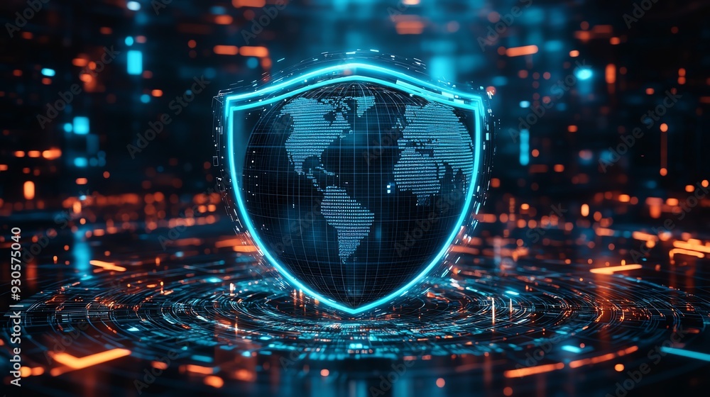 Digital shield with world map representing global cybersecurity and data protection. Futuristic cyber defense concept with glowing technology. Digital shield with world map representing global cybersecurity and data protection. Futuristic cyber defense concept with glowing technology.