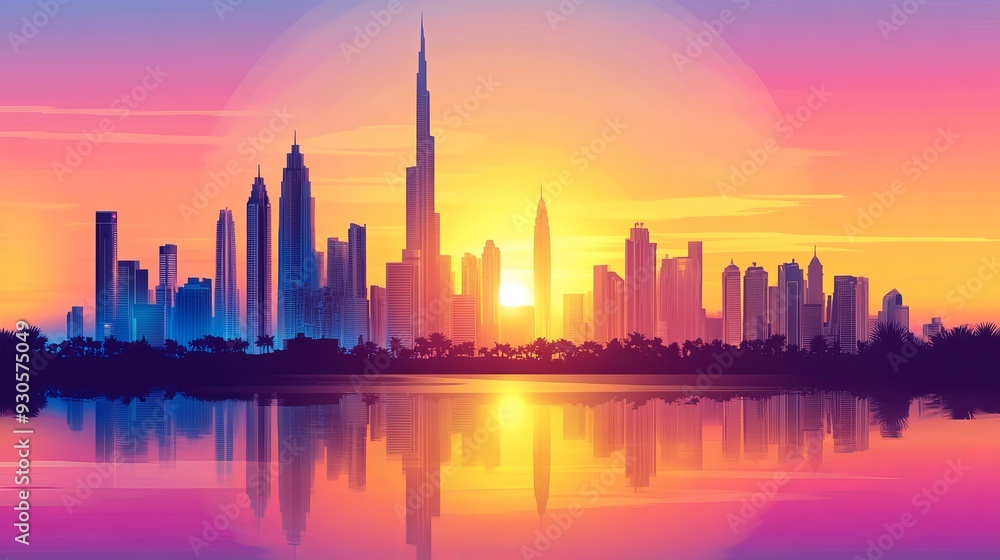 A detailed illustration of the Dubai city skyline featuring iconic buildings and architectural marvels of the United Arab Emirates. A detailed illustration of the Dubai city skyline featuring iconic buildings and architectural marvels of the United Arab Emirates.