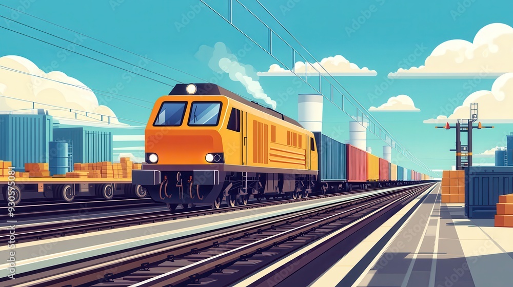 Naklejka premium Freight train moving on railroad tracks in a sunny industrial area, carrying multiple cargo containers under a bright blue sky with clouds.