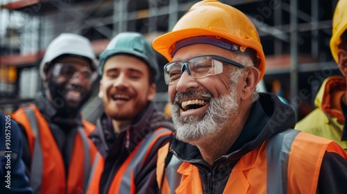 Construction team with members of different ages and ethnicities, including a senior worker providing guidance to a group of younger workers on a building site