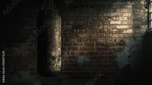 A worn-out hanging boxing bag in an atmospheric, gritty industrial gym with aged brick walls.