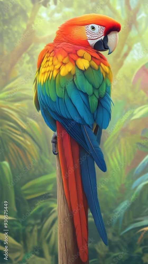 Fototapeta premium Colorful scarlet macaw perched on a wooden