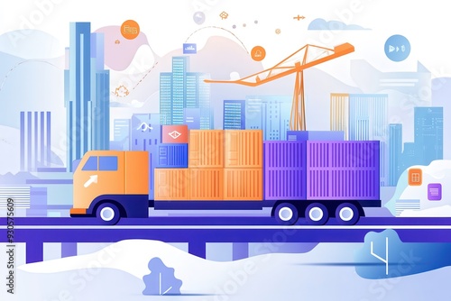 Illustration of freight truck carrying containers on a highway with a city skyline and construction crane in the background. photo