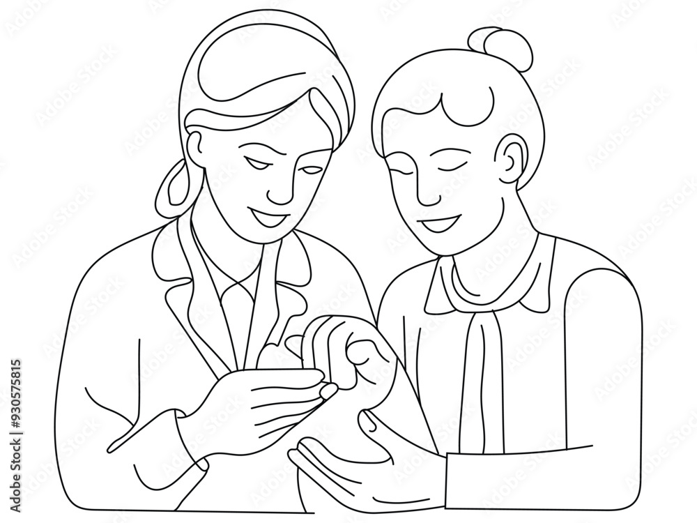 continuous one-line drawing doctor helping patient to check diabetes in hospital world diabetes day concept vector illustration continuous one-line drawing doctor helping patient to check diabetes in hospital world diabetes day concept vector illustration