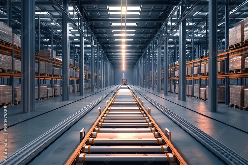 Fototapeta premium Modern warehouse interior with long conveyor belt and neatly stacked shelves under industrial lighting.