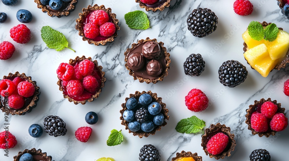 A raw vegan dessert spread with colorful fruit tarts, chocolate truffles, and fresh berries, set on a stylish marble countertop A raw vegan dessert spread with colorful fruit tarts, chocolate truffles, and fresh berries, set on a stylish marble countertop
