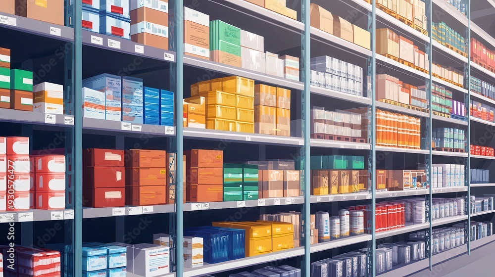 Well-organized warehouse shelves stocked with various boxes and packages for inventory management and efficient storage solutions. Well-organized warehouse shelves stocked with various boxes and packages for inventory management and efficient storage solutions.