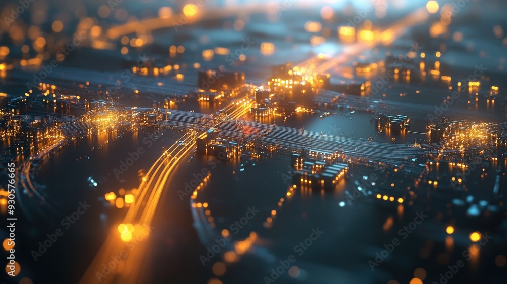 Fototapeta premium An advanced AGI system efficiently manages intricate data flows in a vibrant, illuminated digital environment