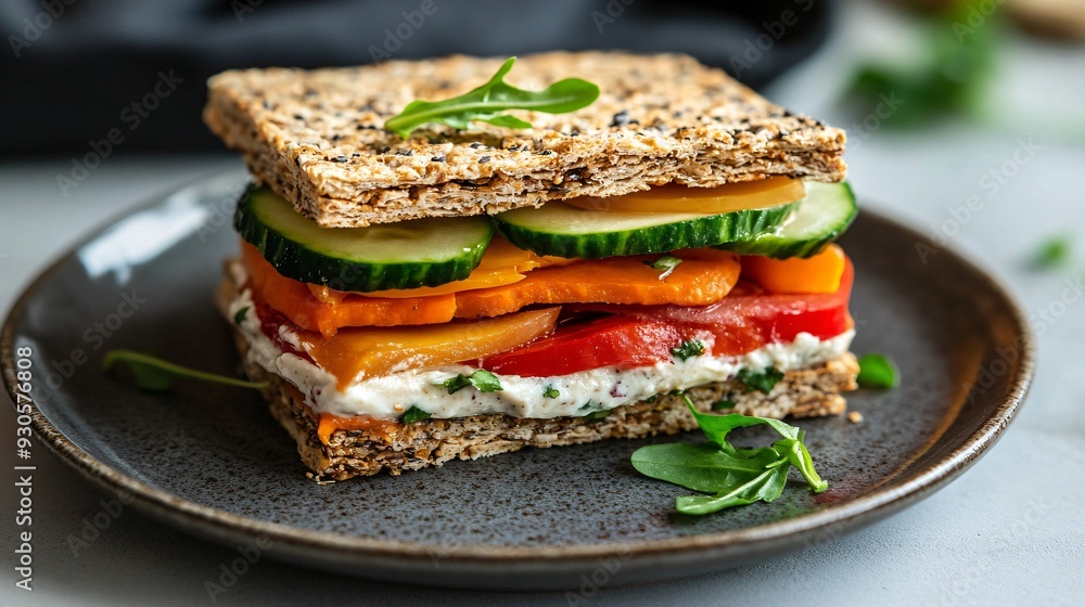 A raw vegan sandwich made with dehydrated crackers, fresh vegetables, and cashew cheese, presented on a stylish ceramic plate A raw vegan sandwich made with dehydrated crackers, fresh vegetables, and cashew cheese, presented on a stylish ceramic plate