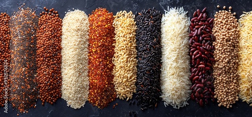 Assortment of various grains and legumes including quinoa, rice, lentils, and beans.