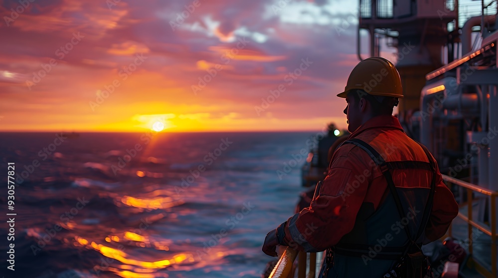 Fototapeta premium A worker wearing a yellow hard hat and safety gear looks out at a dramatic sunset over the ocean from the deck of a ship.