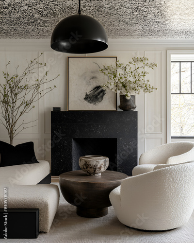 an editorial photograph of a bright off white traditional living room