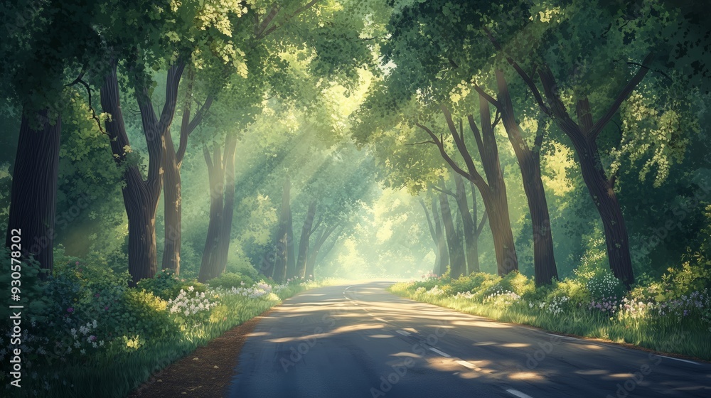 Obraz premium A tranquil road under a green canopy invites exploration, with wildflowers and birds enhancing the peace.