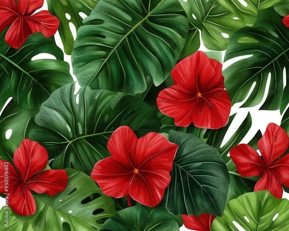 Vibrant tropical pattern featuring lush green leaves and stunning red hibiscus flowers, perfect for nature-themed designs. Vibrant tropical pattern featuring lush green leaves and stunning red hibiscus flowers, perfect for nature-themed designs.