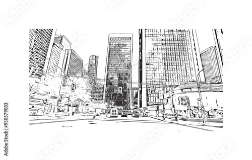 Print Building view with landmark of   Stanley is the capital in Falkland. Hand drawn sketch illustration in vector.