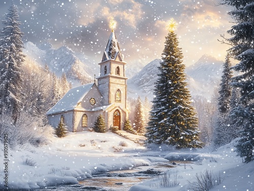 Enchanting Winter Church Scene with Christmas Tree and Snowfall